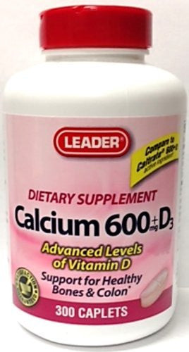 Leader Calcium 600mg Plus Vitamin D3 Caplets, 60 Ea